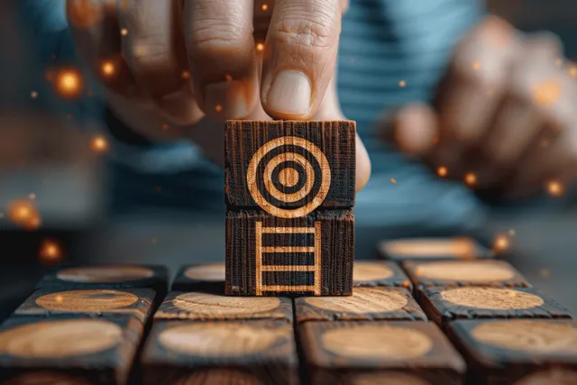 A businessman places a bullseye target on stacked wooden blocks forming steps toward business goals.