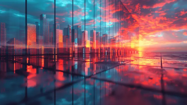 Minimalist glass bar graph reflects a futuristic skyline across a glossy surface at sunset.