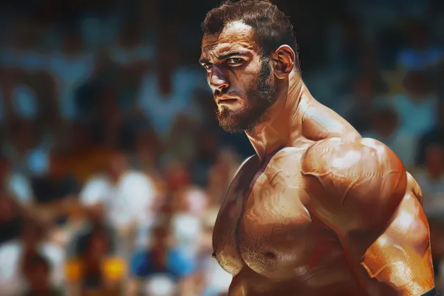 Greco-Roman wrestler in intense grip during arena match with blurred crowd
