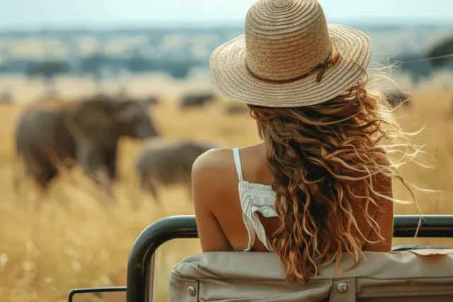 A woman in a straw hat sits in an open safari jeep watching elephants across golden savanna grass.