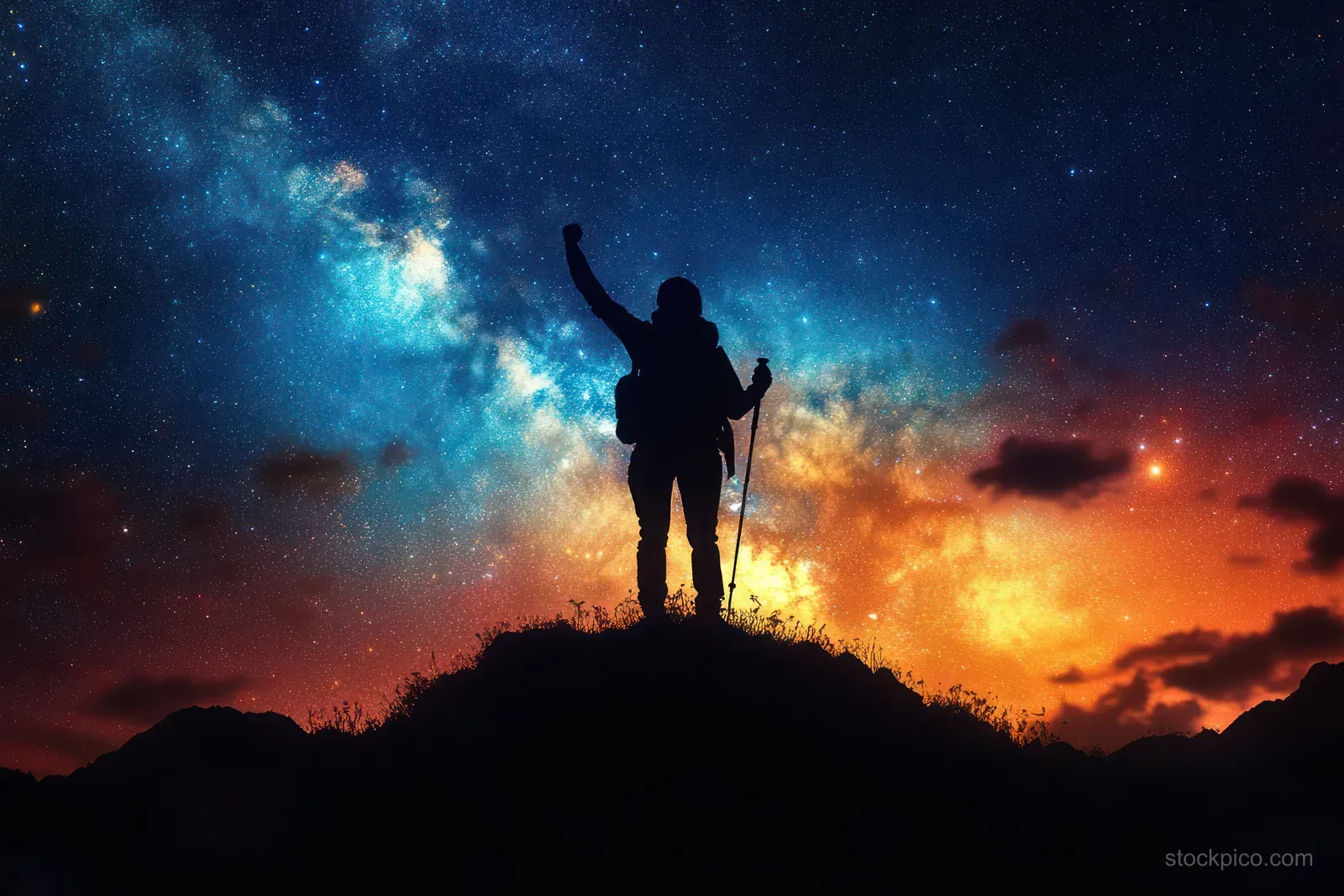 Silhouette of a hiker on a hilltop raising a fist under the Milky Way in a colorful starry night sky.