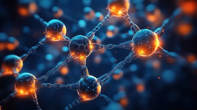 Neon 3D molecule model with glowing atomic spheres and connecting bonds in a blurred cyberpunk background.