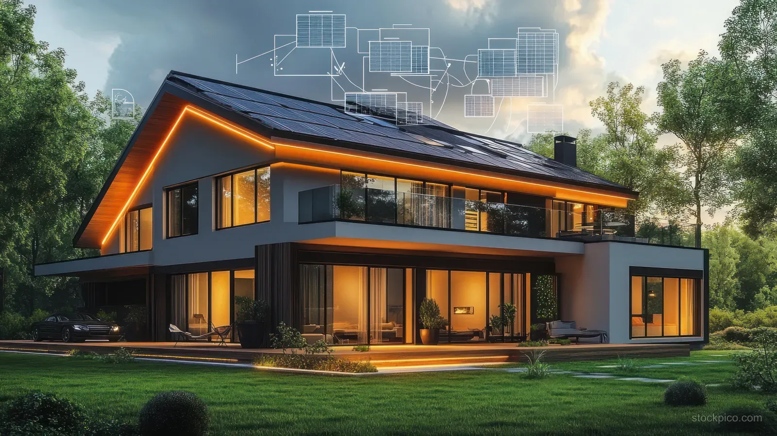 Two-story modern house with solar panels and large glass windows lit warmly at sunset.