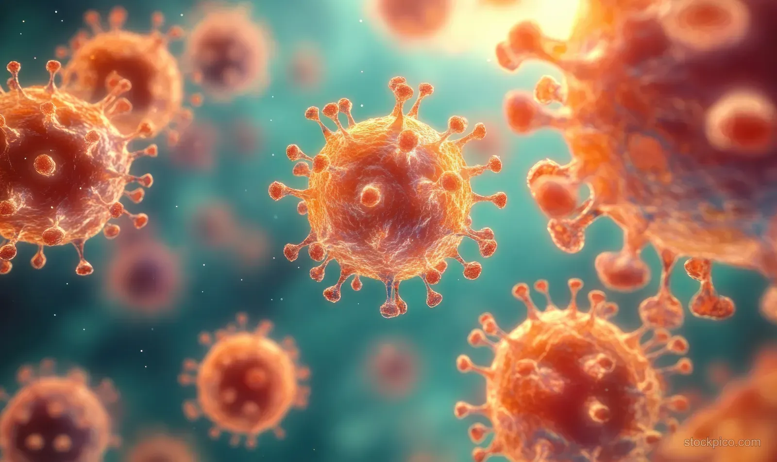 Red and orange virus particles float in a teal microscopic background with depth blur.