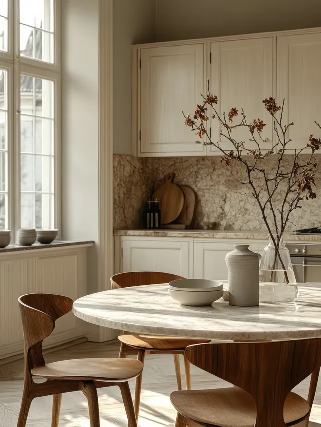 Minimalist Scandinavian kitchen showing a marble dining table, wooden chairs, white cabinets, and morning sunlight through windows.