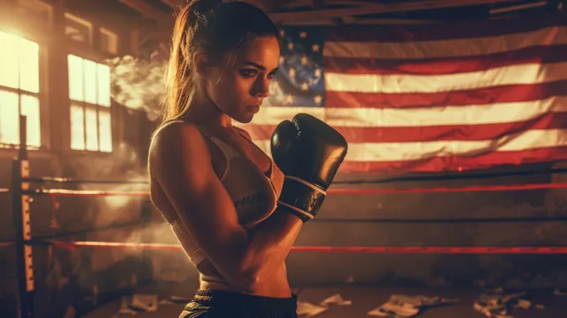 A lightweight female boxer swings a punch in a gym while an American flag hangs in the background.
