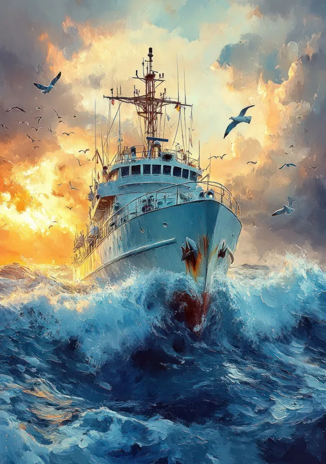 Watercolor painting of a fishing boat riding turbulent foamy waves with seagulls flying against dramatic storm clouds.