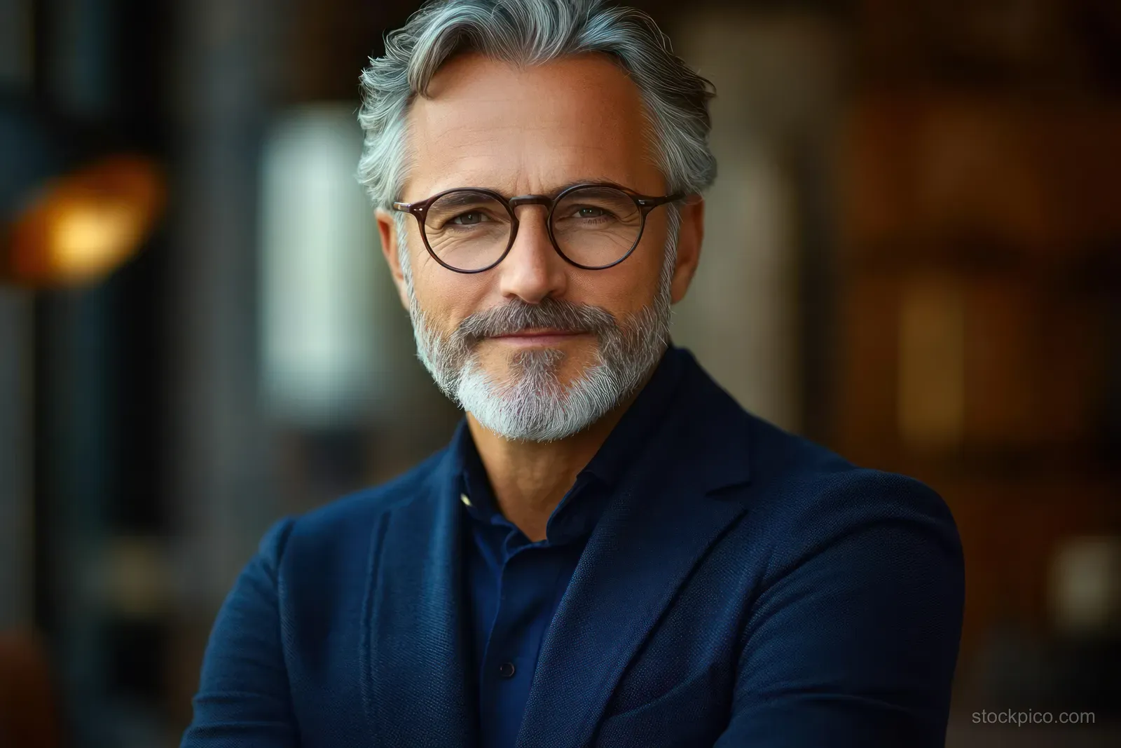 Middle-aged man with gray beard and glasses smiles softly in a warmly lit indoor room.