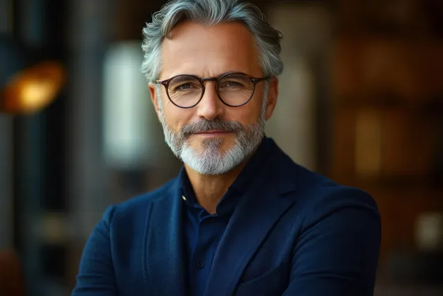 Middle-aged man with gray beard and glasses smiles softly in a warmly lit indoor room.