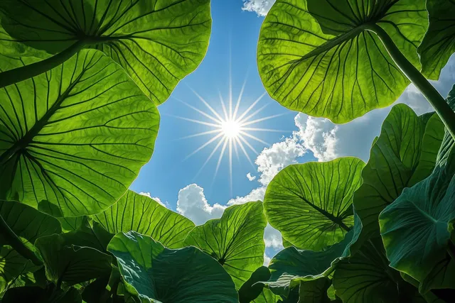 Sun rays shine through oversized green leaves against a vivid blue sky