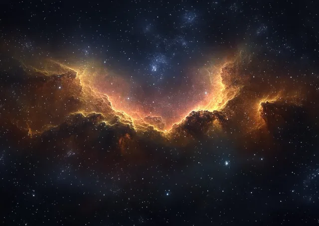 An impressionistic nebula with swirling gold and blue gas clouds glowing in a star-filled deep space background.
