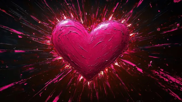 Pink textured heart burst with radiating paint splashes on dark background, vivid contrast