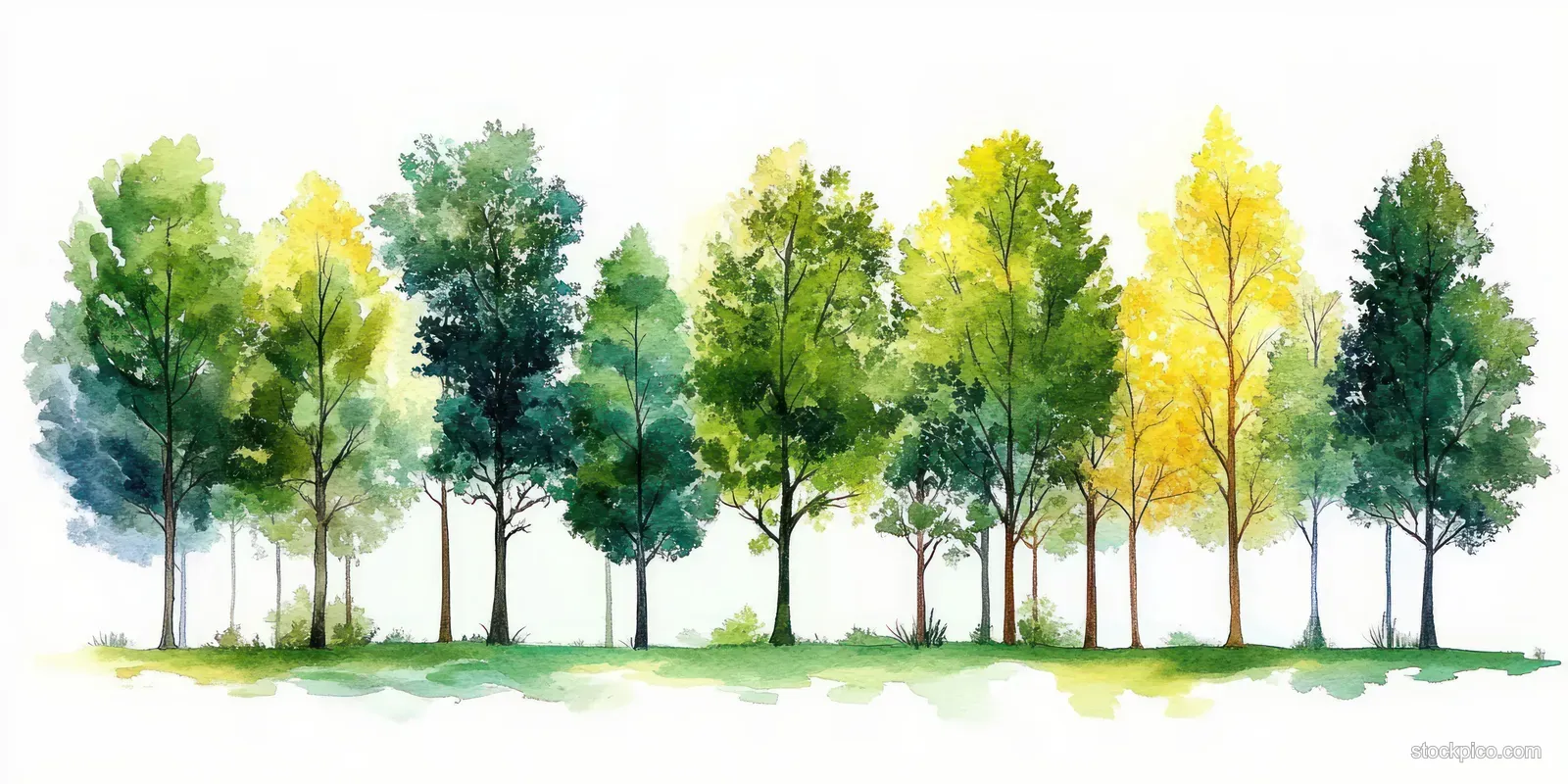 Watercolor row of trees with green and yellow foliage on a white background.