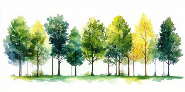 Row of colorful trees with green and yellow foliage on white