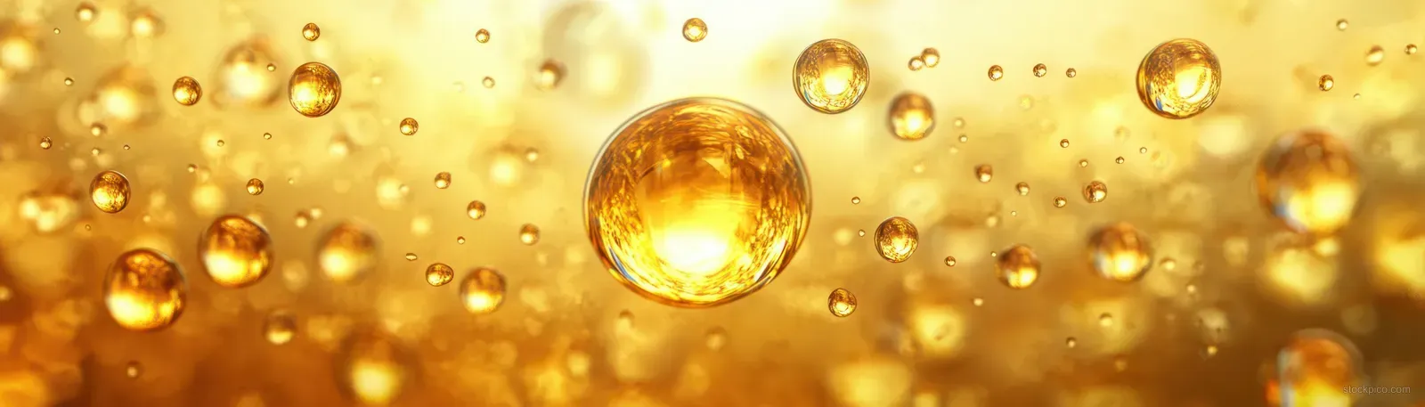 Golden oil droplets suspended in glowing amber liquid with soft bokeh highlights and bubbles.