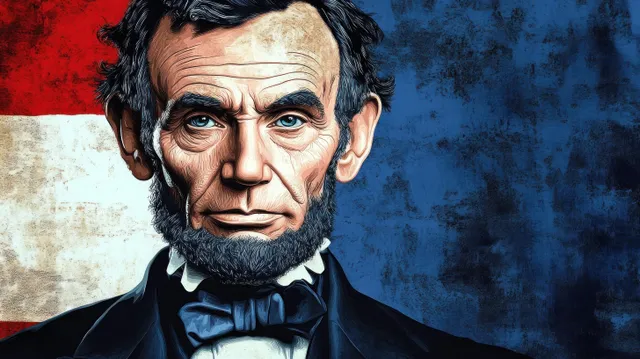 A serious older man with blue eyes and a bow tie in front of a textured red, white, and blue background.