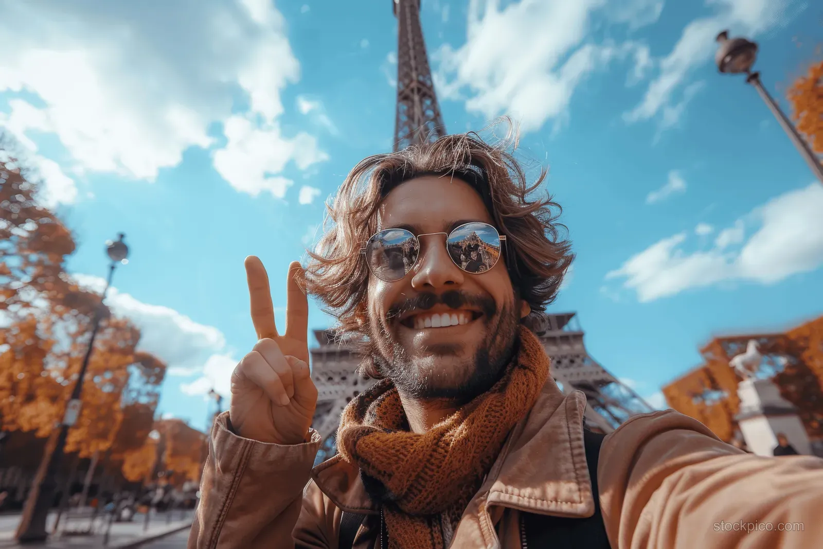 Traveler takes a peace-sign selfie with the Eiffel Tower behind them in sunny Paris.
