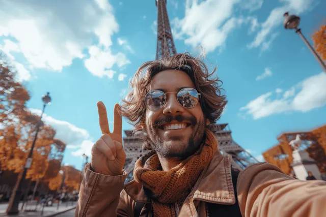 Traveler takes a peace-sign selfie with the Eiffel Tower behind them in sunny Paris.