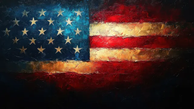 Waving American flag with distressed stars and red stripes over a dark grunge texture background.