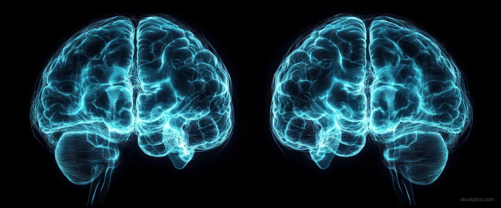 Two glowing blue human brains with visible neural network lines on a black background.