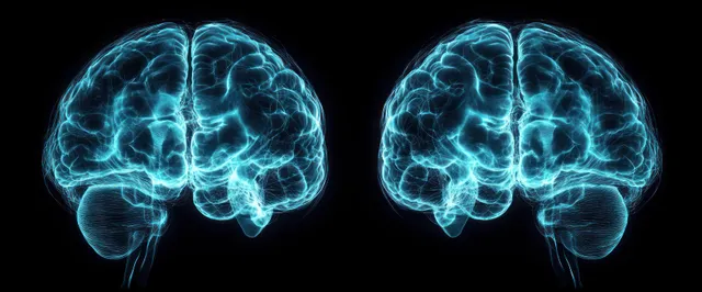 Two glowing blue human brains with visible neural network lines on a black background.