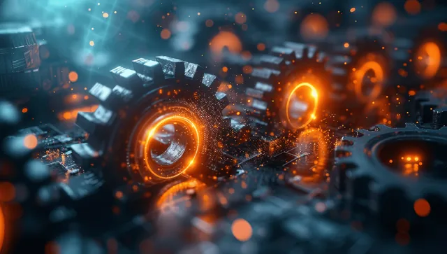 Interconnected glowing gears and AI nodes merge into a unified digital system interface