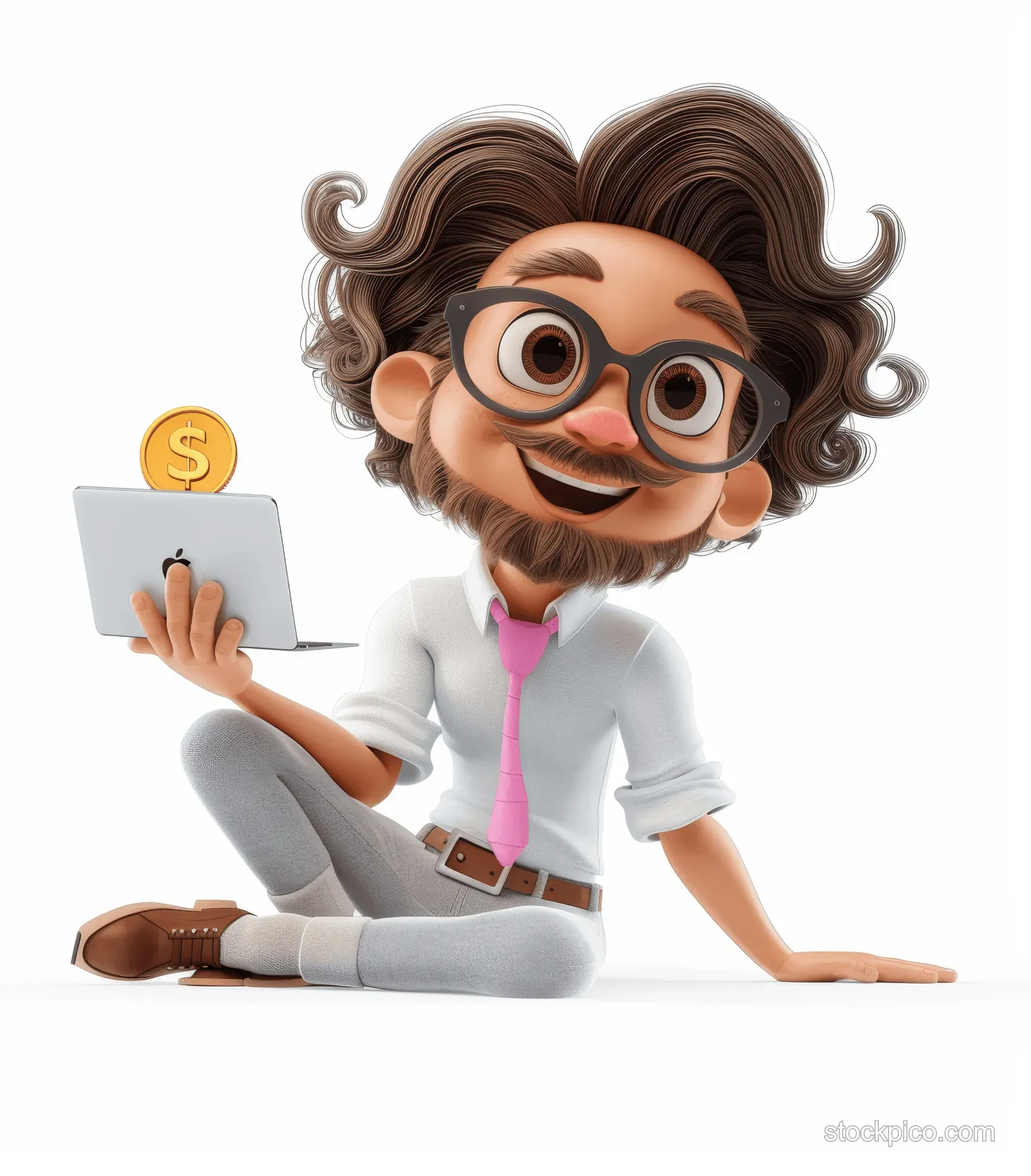 3D cartoon businessman holding a gold dollar coin beside a laptop on a white background.