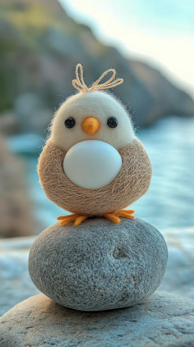 Handmade felt bird with an orange beak perched on a smooth stone holding a white egg outdoors with a blurred background.