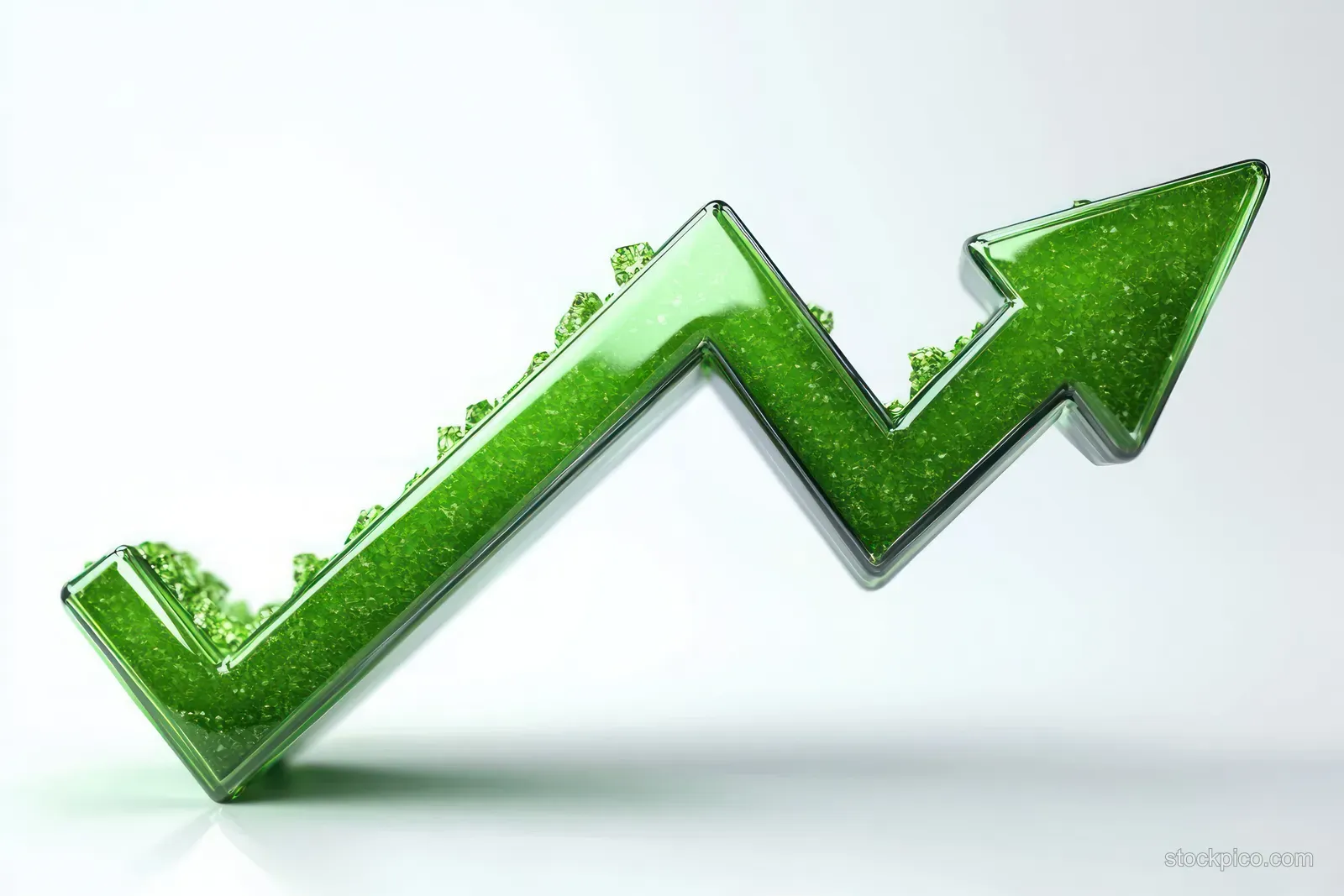 A glossy green 3D upward arrow icon with sparkly texture on a white background.
