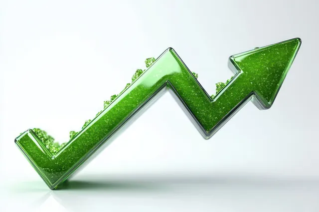 A glossy green 3D upward arrow icon with sparkly texture on a white background.