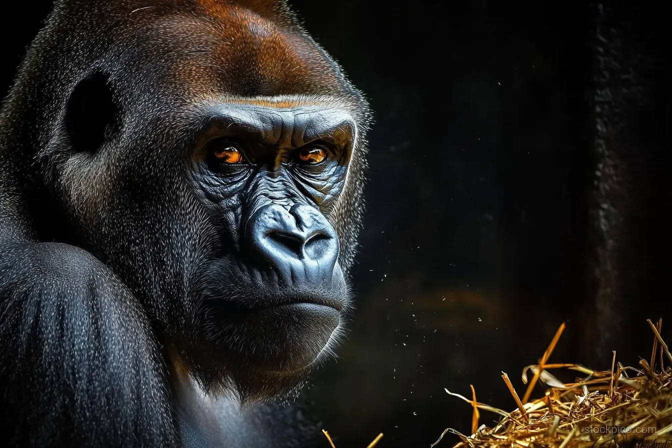 A contemplative gorilla close-up with amber eyes, black fur texture, and scattered straw against a dark background.