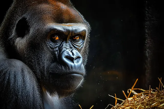 Close-up portrait of a contemplative gorilla with amber eyes and scattered straw