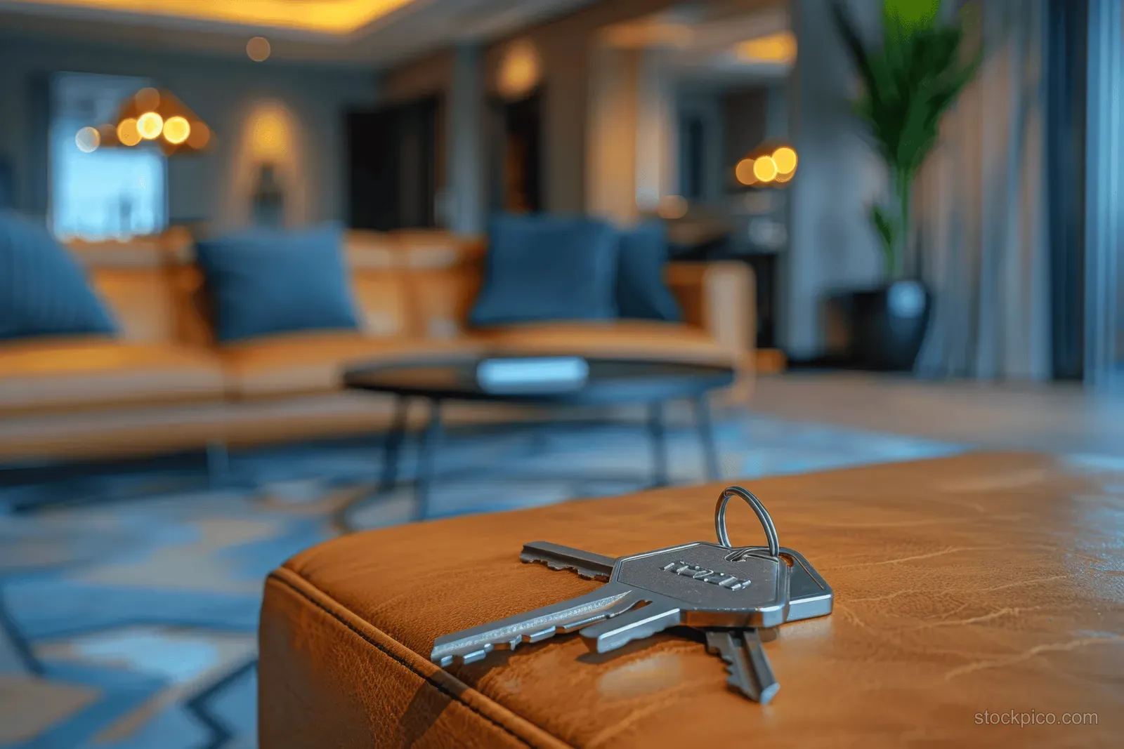 House keys lie on a coffee table while a modern apartment living room sits softly blurred behind them.