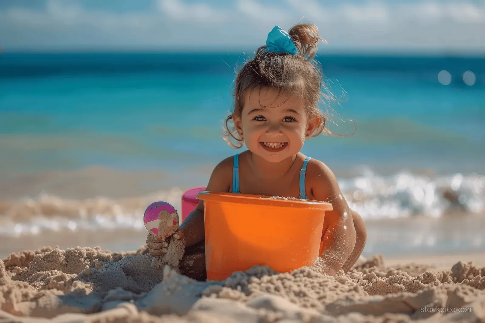 A smiling toddler girl kneels in sand using an orange bucket as ocean waves roll behind her.