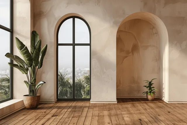 A serene minimalist living space with arched windows, wooden floors, neutral walls, and indoor plants bathed in soft natural light.