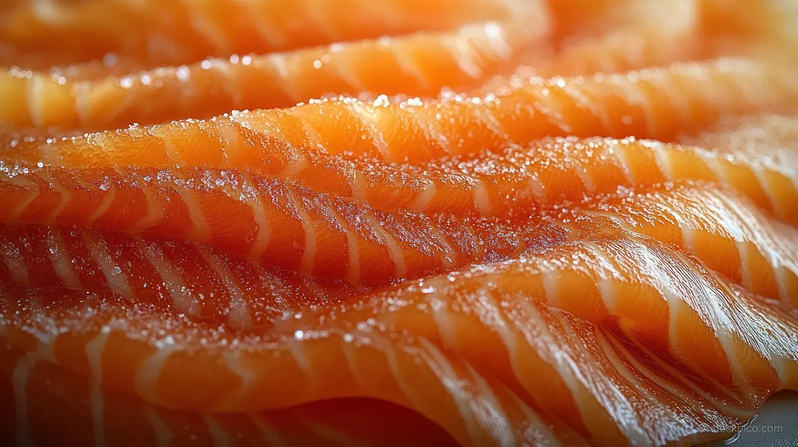 Close-up of raw orange salmon fillet with visible marbling texture under soft lighting.