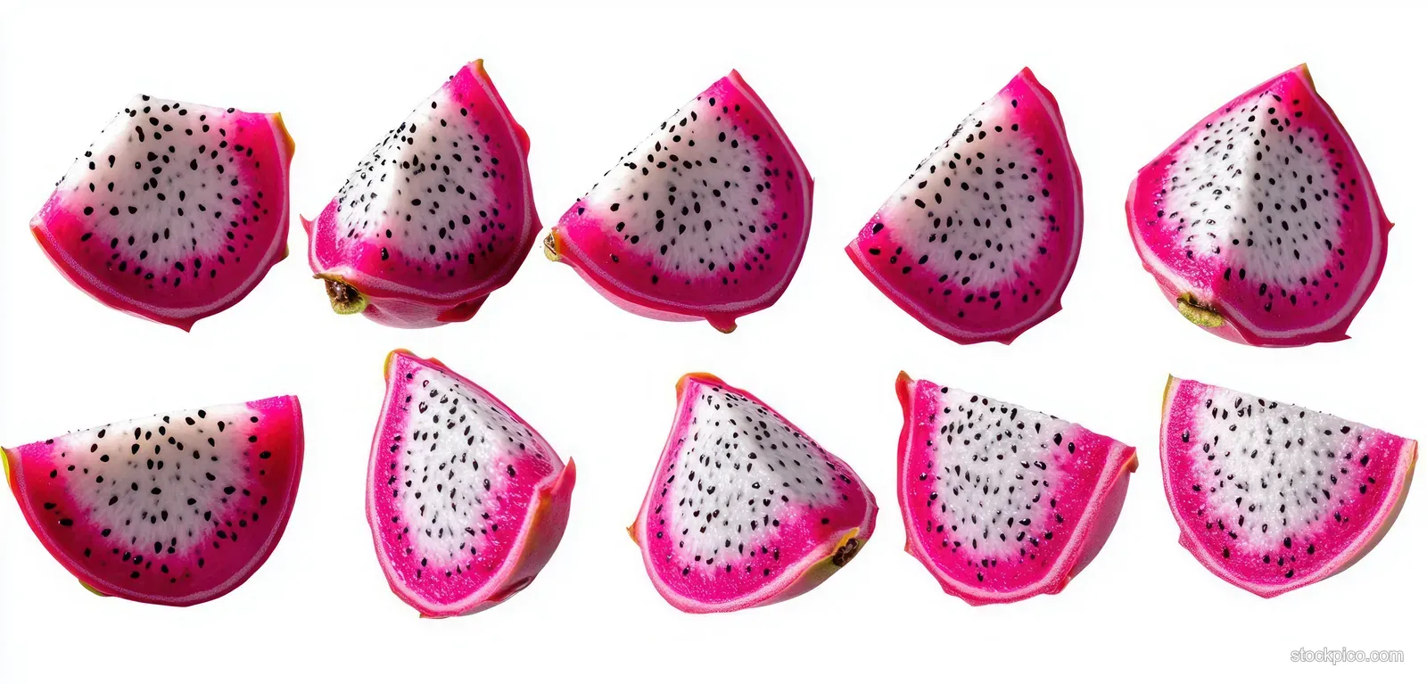 Ten dragon fruit slices with pink skin and white flesh, showing black seeds on a white background.