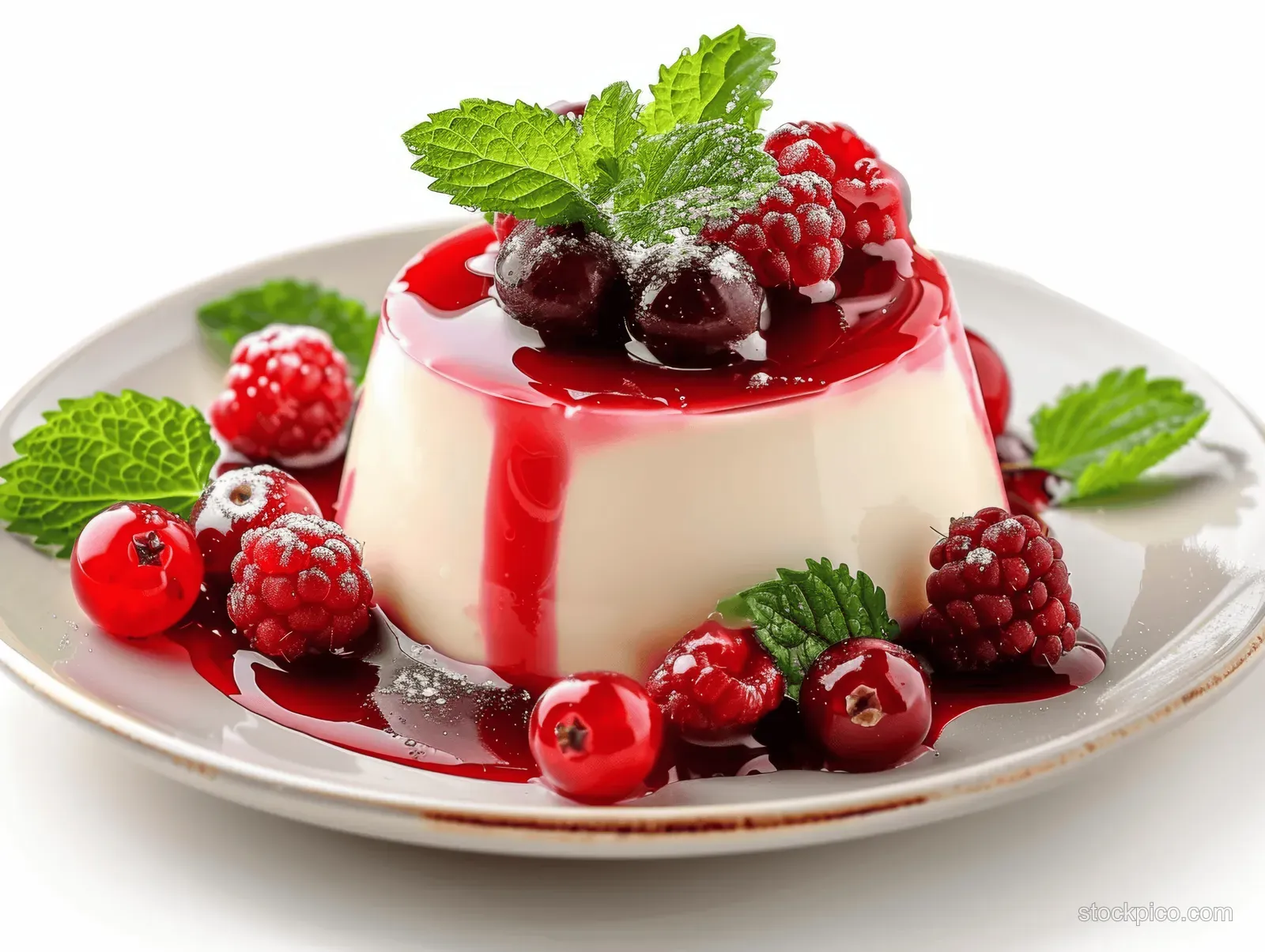 Panna cotta topped with red jelly, mint, and mixed berries on a plate.