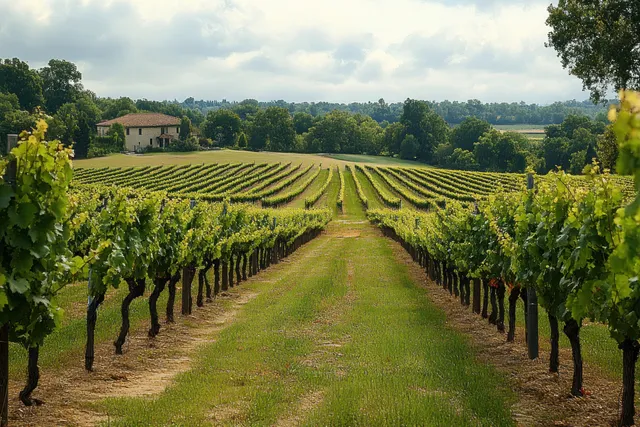 Vineyard rows stretch toward a countryside farmhouse beneath a cloudy sky