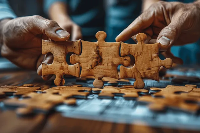 Two hands connect wooden puzzle pieces on top of scattered blueprint papers in an office workspace.