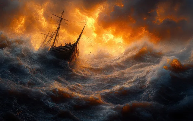 Fishermen struggle against towering waves and strong winds in a dramatic stormy seascape.