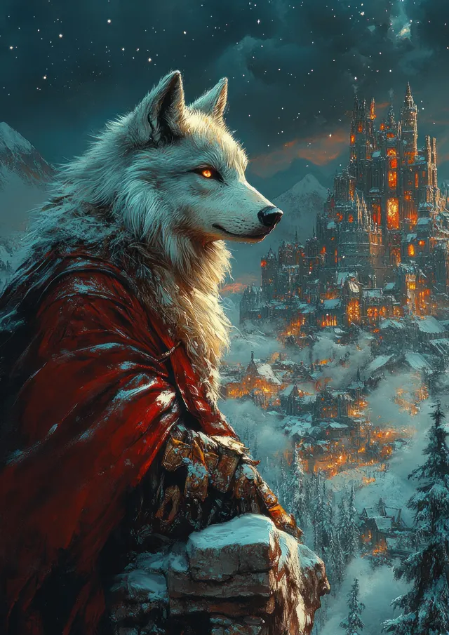 Wolf in red cloak perches on stone, overlooking snowy fantasy city at twilight