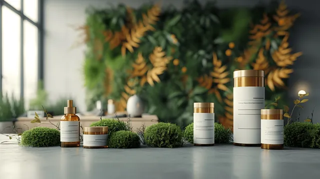 Skincare bottles and small plants on a desk in front of a lush living wall with sunlight through windows.
