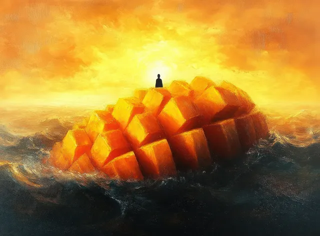 Silhouette of a meditating figure atop glowing golden rocks surrounded by turbulent dark ocean waves.