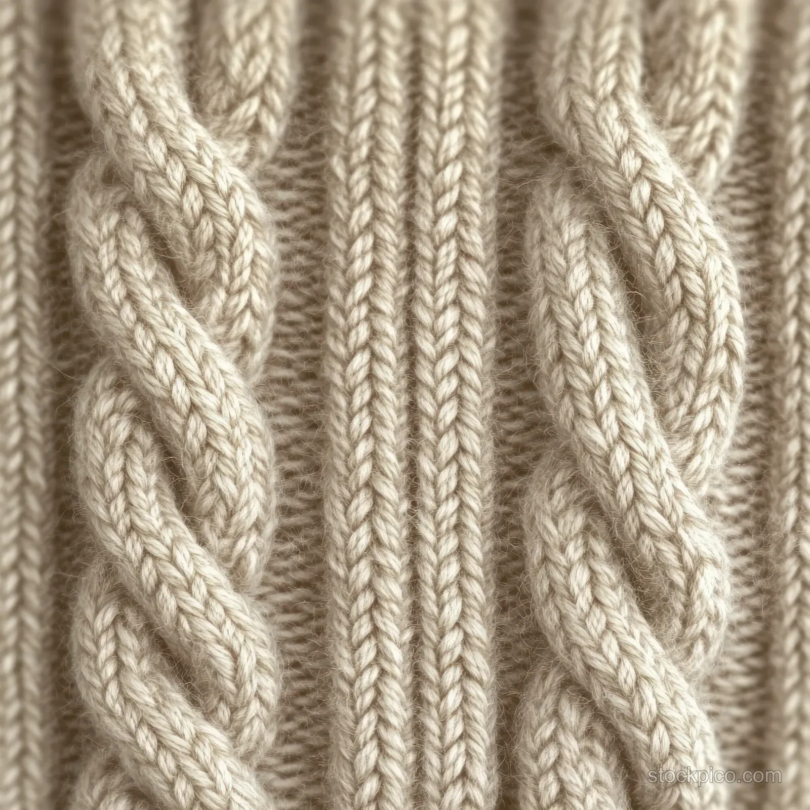 Close-up of cream knitted wool displaying braided cable and ribbed patterns with visible yarn loops.