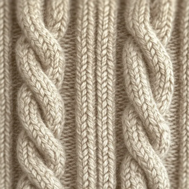 Close-up of cream knitted wool displaying braided cable and ribbed patterns with visible yarn loops.