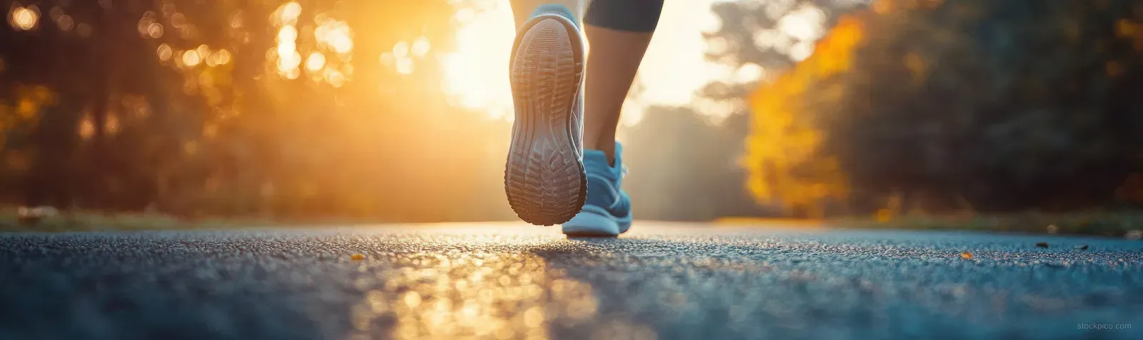 A runner’s sneakered feet stride along a sunlit path at morning sunrise.