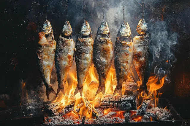 Row of smoked bream fish roasting over a charcoal fire with bright flames and drifting smoke.