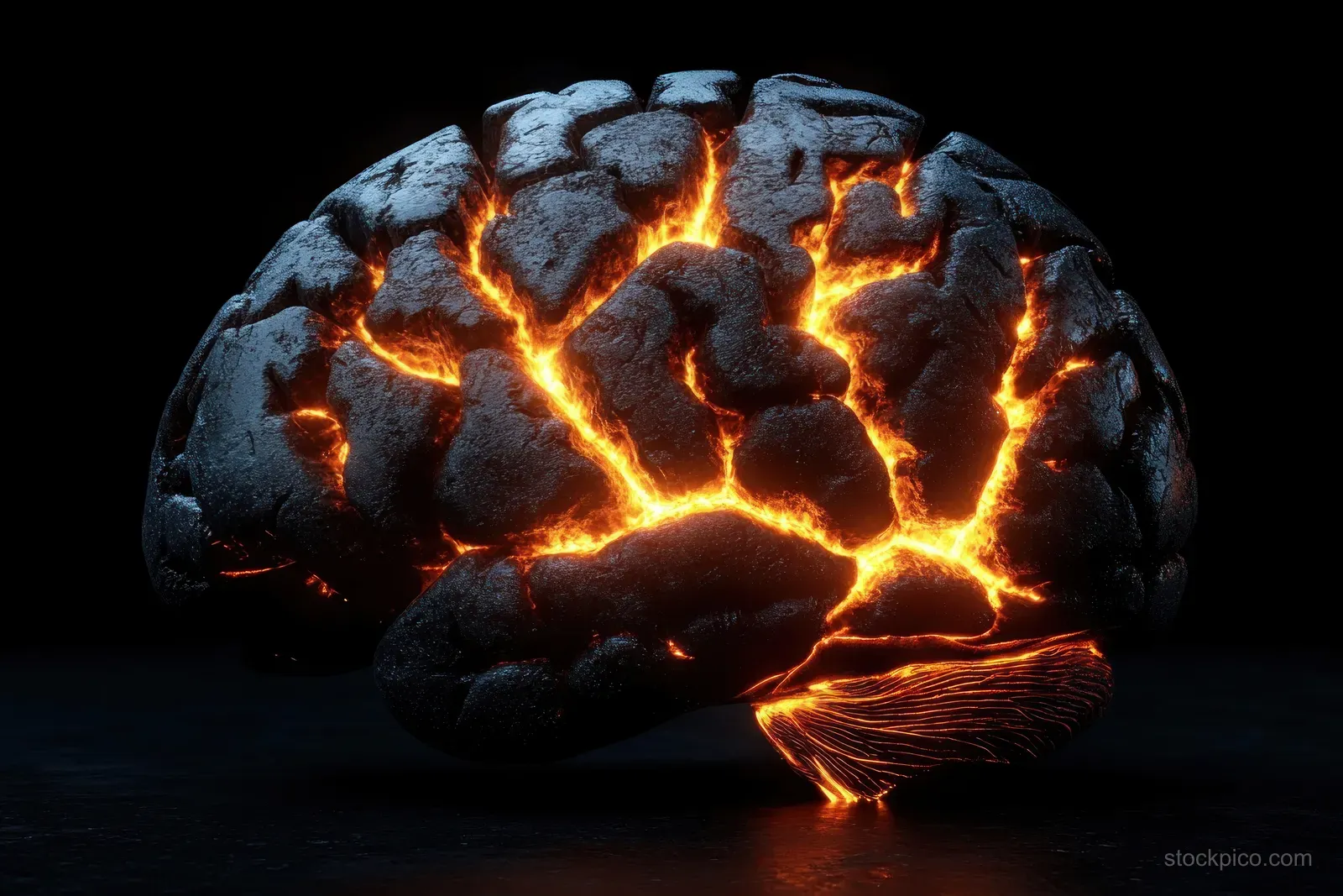 A dark brain model cracked open with glowing orange lava-like fissures against a black background.