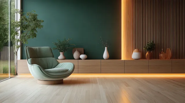 Light green chair sits in a pastel living room nook with decorative vases on a wooden shelf and warm wall lights.